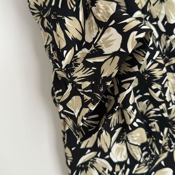 The Kooples Floral Twill Midi Dress Size 1 Black Beige Puff Sleeve Button Front - Picture 15 of 16